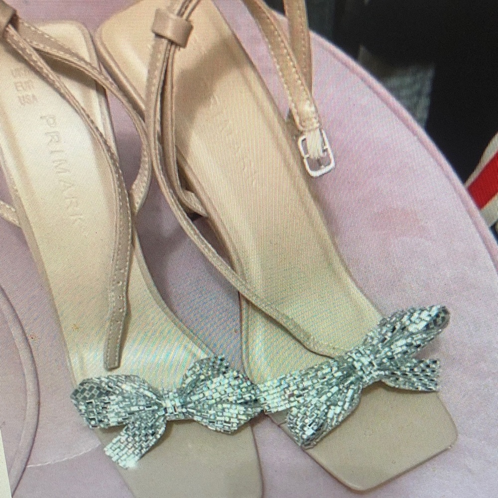 Primark Beige Heels with Glittering Silver Bow